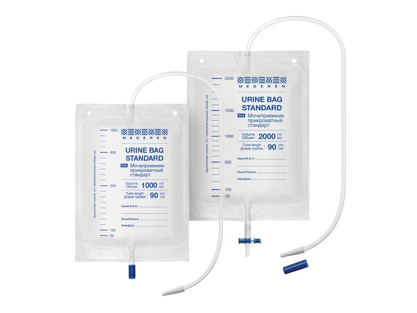 Мочеприемник прикроватный 1 и 2 л, трубка 90 см, MEDEREN, прямой кран